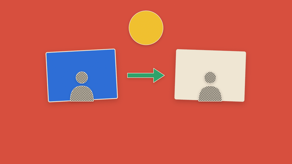 A red paper field with two cardstock cards, halftone figures on them, a green arrow between and a yellow disc above