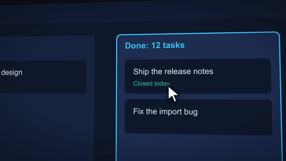 DirectedShot at the end of the move: pushed in on the Done column and tilted, with its text sharp and the cursor on the target