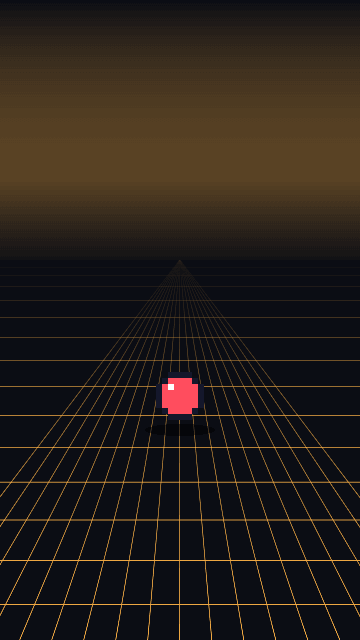 An amber perspective floor grid whose lines converge on a misty horizon, with a red ball standing on it under a glowing sky