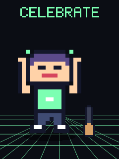 The pixel narrator in biology green leaping with both arms raised and sparkles around his head, a bat standing on the ground beside him