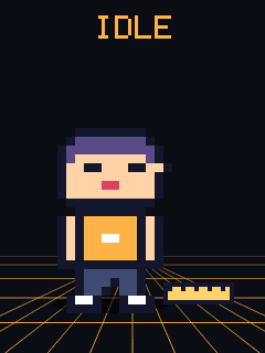 The pixel narrator standing still with arms at his sides, blinking, in physics amber beside a ruler prop, on a dark ground with a perspective grid