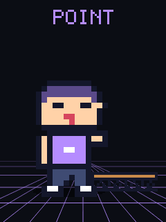 The pixel narrator in computer science violet with his right arm stretched out to point at a bridge section on the ground