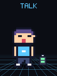 The pixel narrator mid-sentence with his mouth open, in maths blue beside a battery prop, on a dark ground with a perspective grid