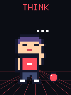 The pixel narrator in chemistry red with a hand at his chin and a trail of thought dots above his head, a ball on the ground beside him