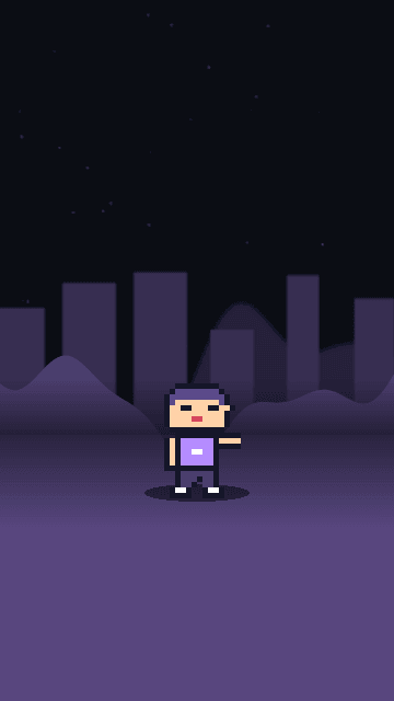 A violet night scene in four layers: faint stars, blurred far hills, a skyline of towers and nearer hills, with the narrator pointing from the ground in front of them
