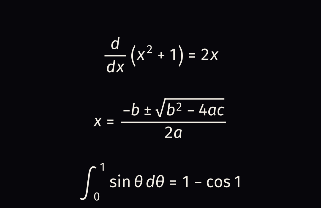 Three equations in sans-serif maths, MathJax with the Fira font: a derivative of x squared plus one, the quadratic formula and an integral